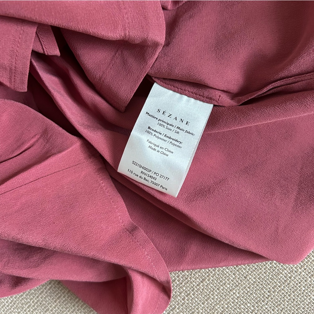 Sezane Chlo Silk Shirt Blouse Rosewood Pink Classic French Top Lace - Picture 10 of 12